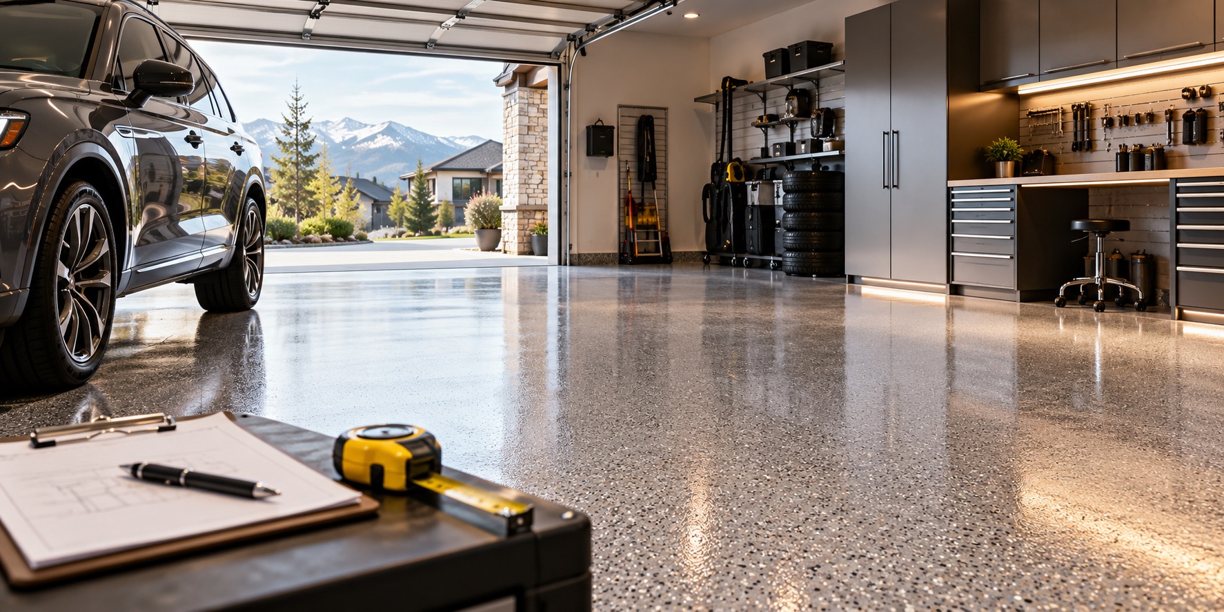 Finished garage floor coating in Calgary with a quote clipboard and measuring tape